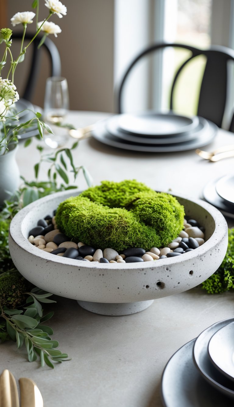 Round dining table with a concrete bowl centerpiece containing moss and pebbles, surrounded by simple floral arrangements.
