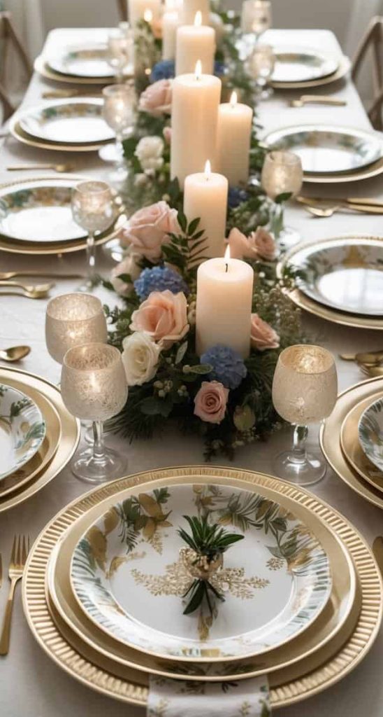 A formal dining table is set with floral plates, gold cutlery, candles, and a centerpiece of roses and greenery, creating an elegant and inviting atmosphere.