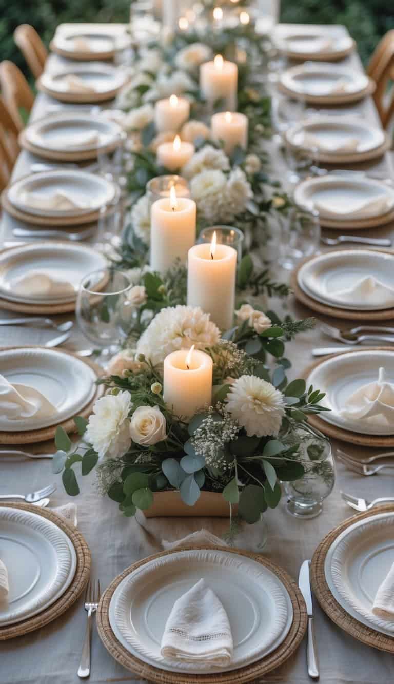 A dining table fully set with disposable plates, cups, cutlery, floral centerpieces, and candles arranged for an event or holiday.