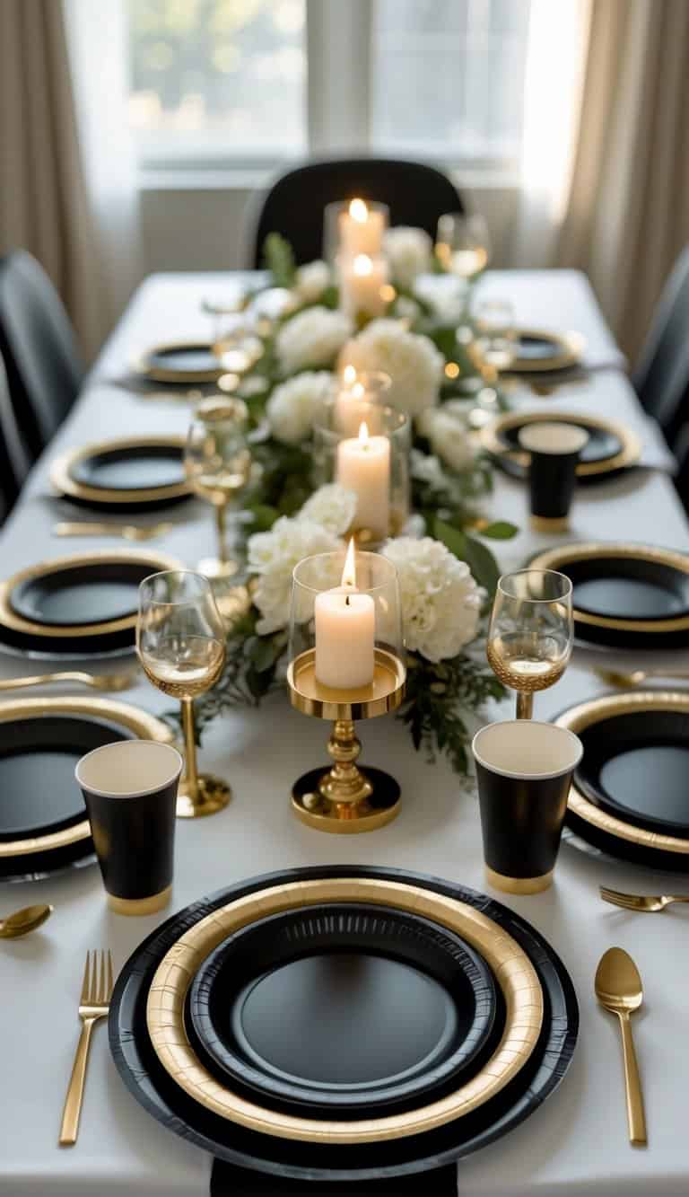 A dining table set with black and gold disposable plates, cups, napkins, gold candle holders with lit candles, and white and green floral centerpieces under natural light.
