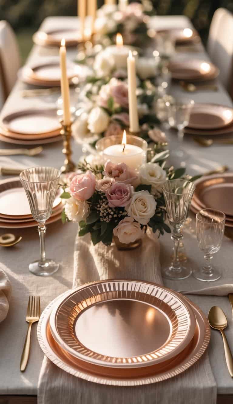 A dining table set with metallic disposable dessert plates, floral centerpieces, and candles arranged for a festive event.
