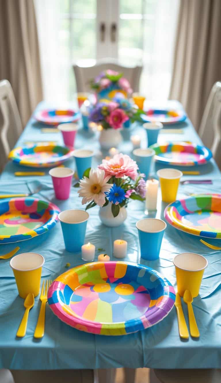 A dining table set with colorful disposable plates, cups, napkins, floral centerpieces, and candles for a kids' party.