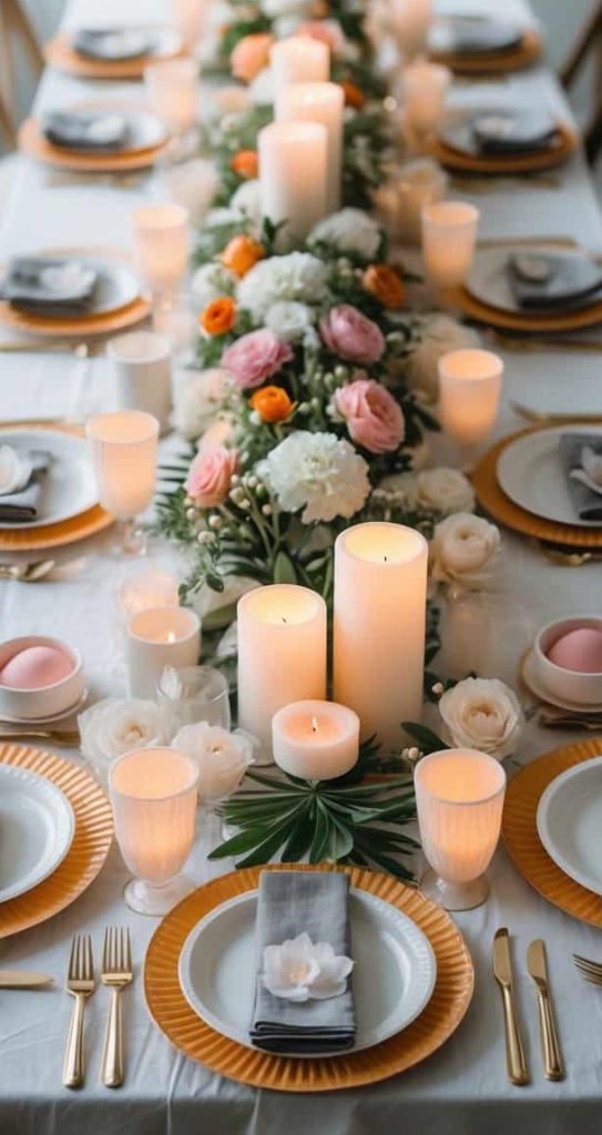A dining table set for a formal meal with gold-rimmed plates, candles, floral centerpiece, napkins, and neatly arranged cutlery.