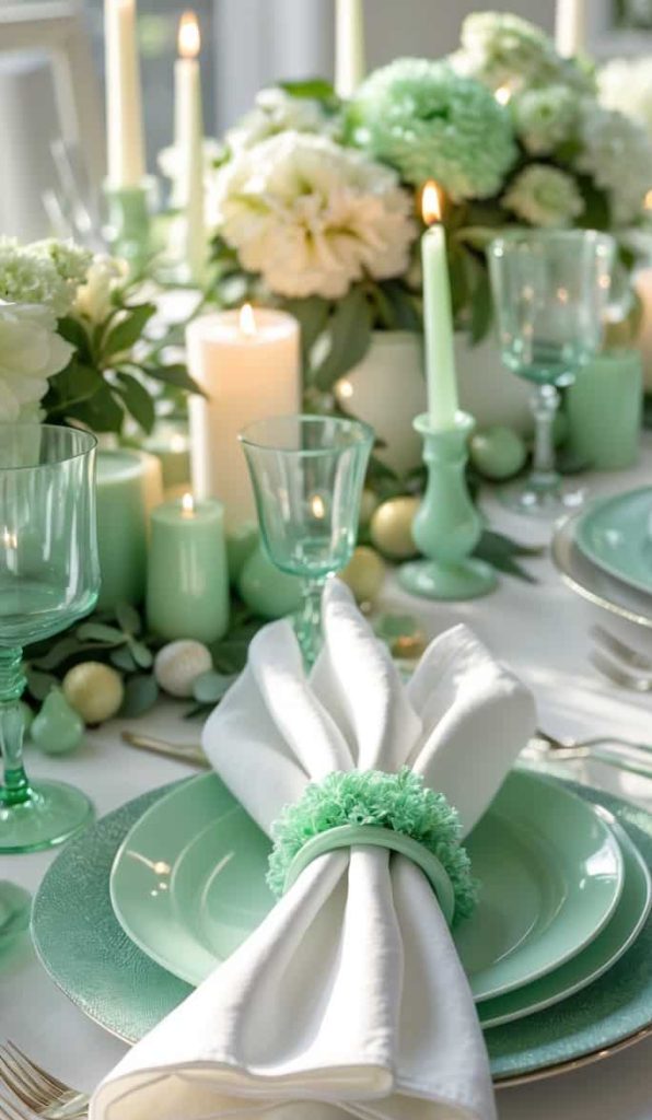 Elegant table setting with mint green plates, white napkins, green glassware, lit candles, and white floral centerpieces arranged on a white tablecloth.