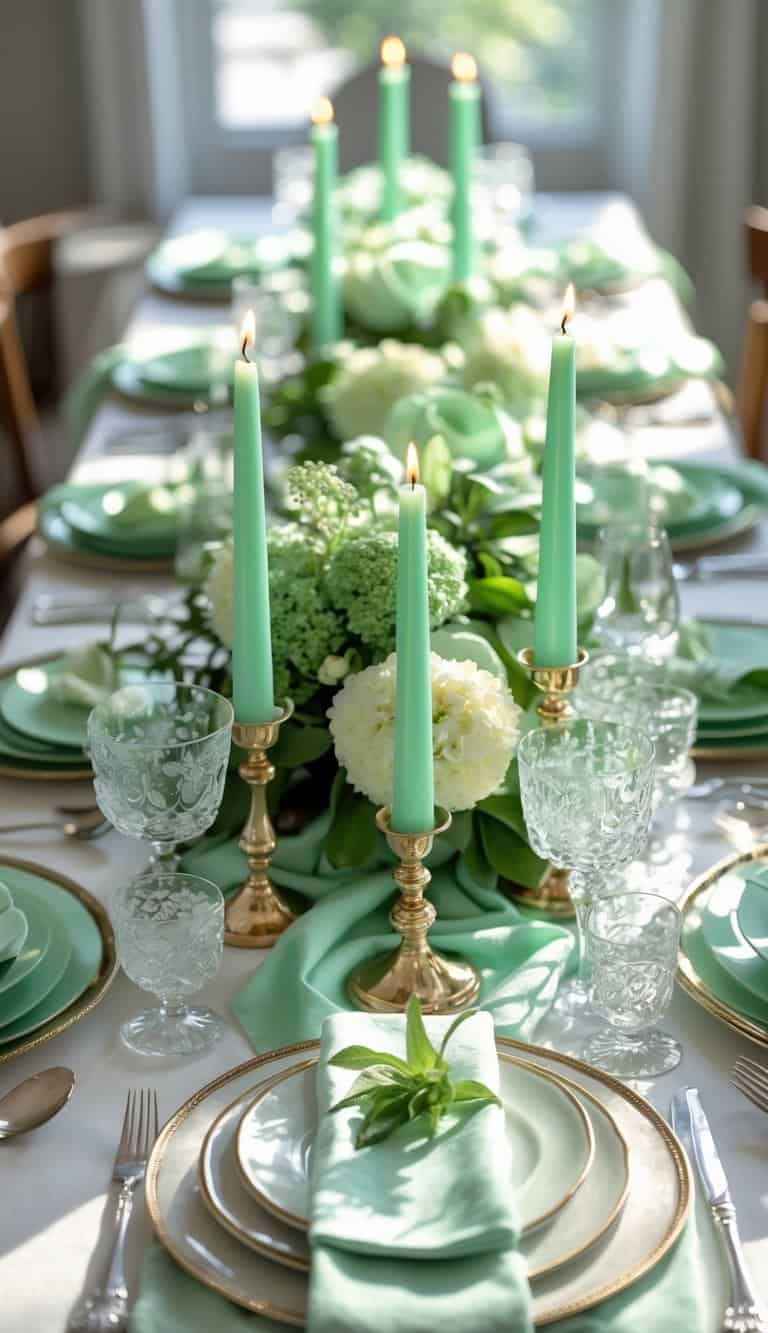 Dining table set with mint green taper candles in brass holders, fresh floral centerpieces, dinnerware, and glassware under natural light.
