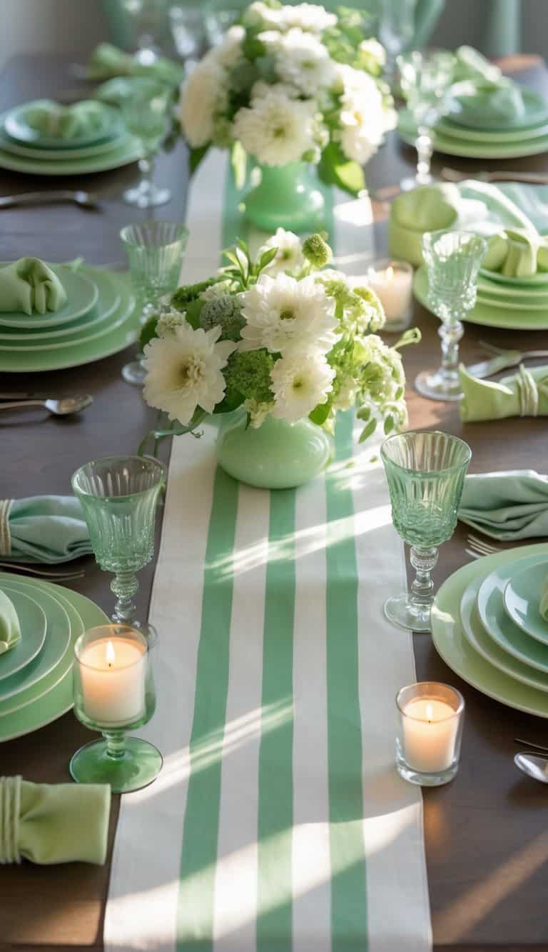 A dining table set with a mint green and white striped runner, mint-colored dinnerware, white and pale green flowers, and lit candles.