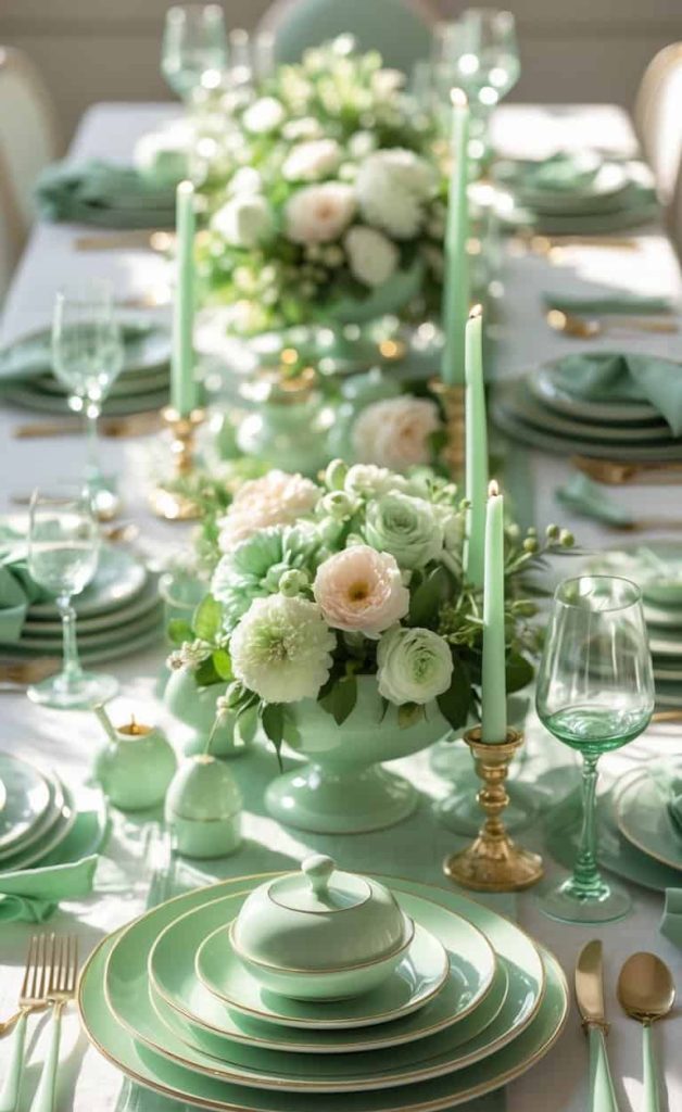 A neatly set dining table with mint green dinnerware, gold flatware, green candles, and floral centerpieces featuring white and pale pink flowers.