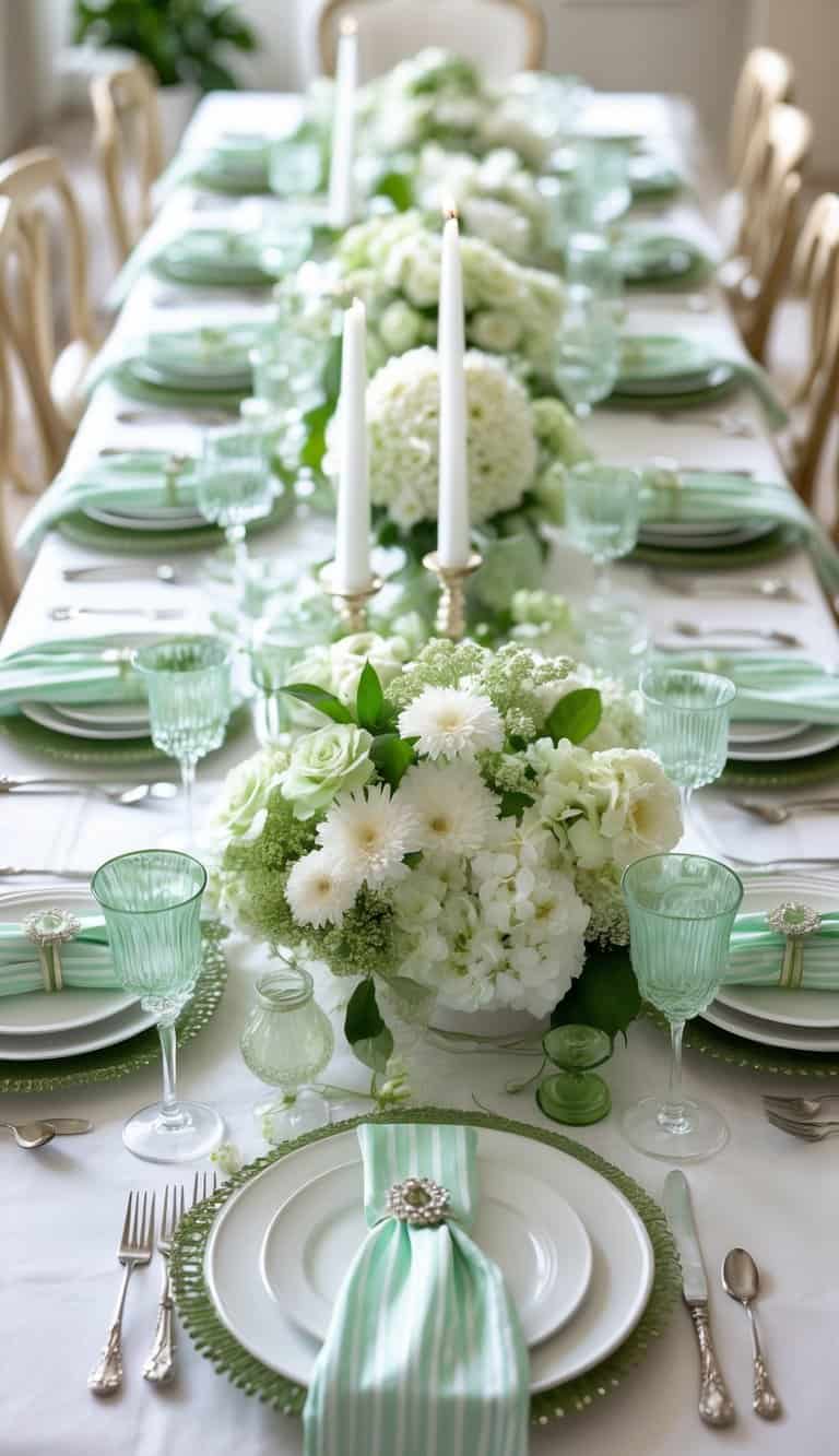 A dining table set with mint green and white striped napkins, soft green and white dinnerware, floral centerpieces, and lit candles under natural light.