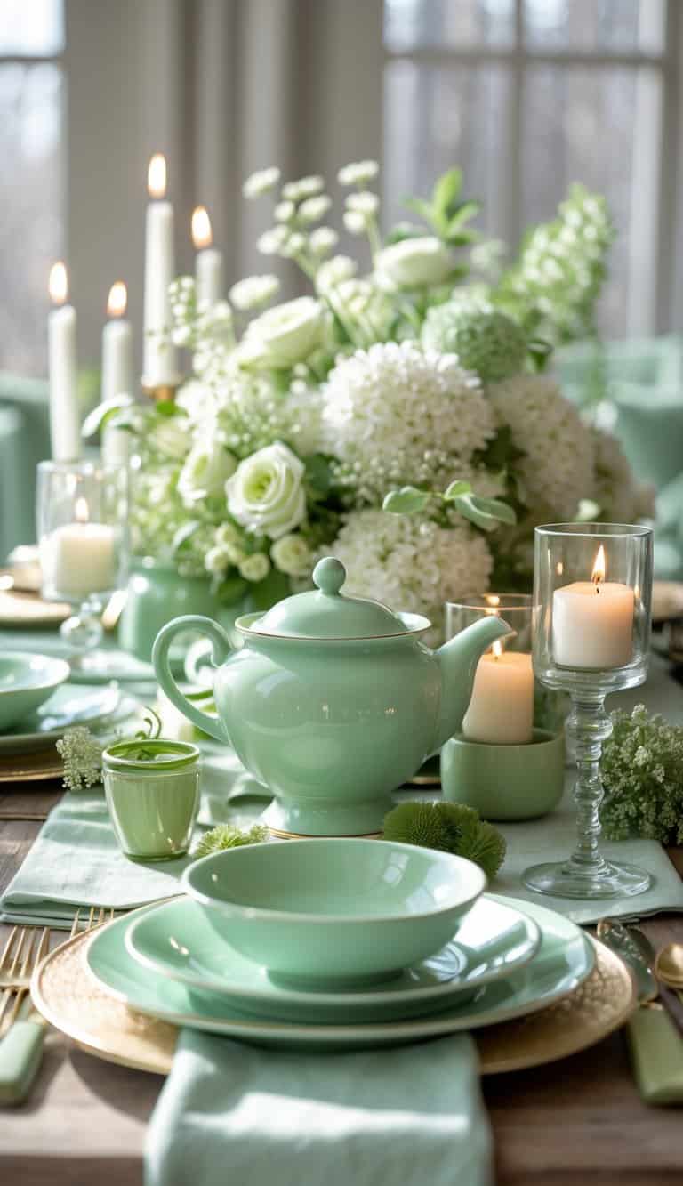 A dining table set with a mint green ceramic tea set, matching dinnerware, floral centerpieces, and lit candles, all arranged under natural light.