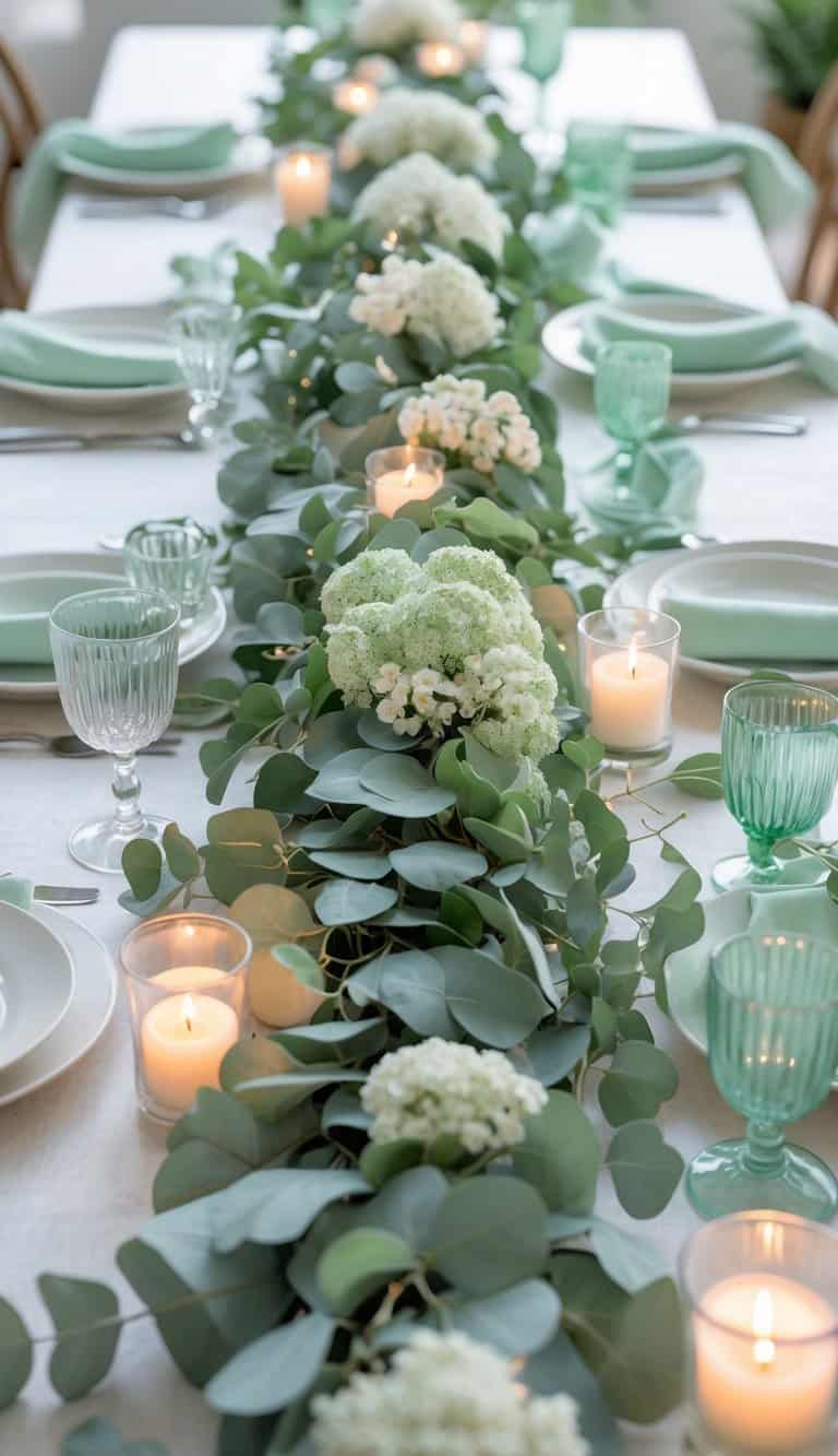 A dining table set with white dinnerware, mint green decor, a eucalyptus garland centerpiece, white flowers, and candles under natural light.