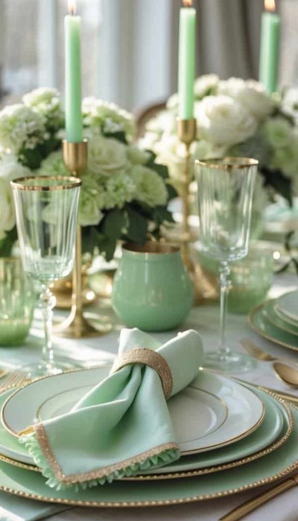 Elegant table setting with mint green and gold accents, white plates, glassware, gold flatware, candles, and floral centerpieces with white and green flowers.