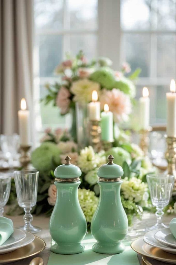 Elegant table setting with green salt and pepper shakers, gold-rimmed plates, glassware, floral centerpiece, and lit candles in front of a window.