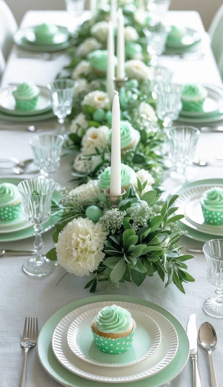 A dining table set with mint green and white polka dot cupcake wrappers, white dinnerware, candles, and floral centerpieces under natural light.