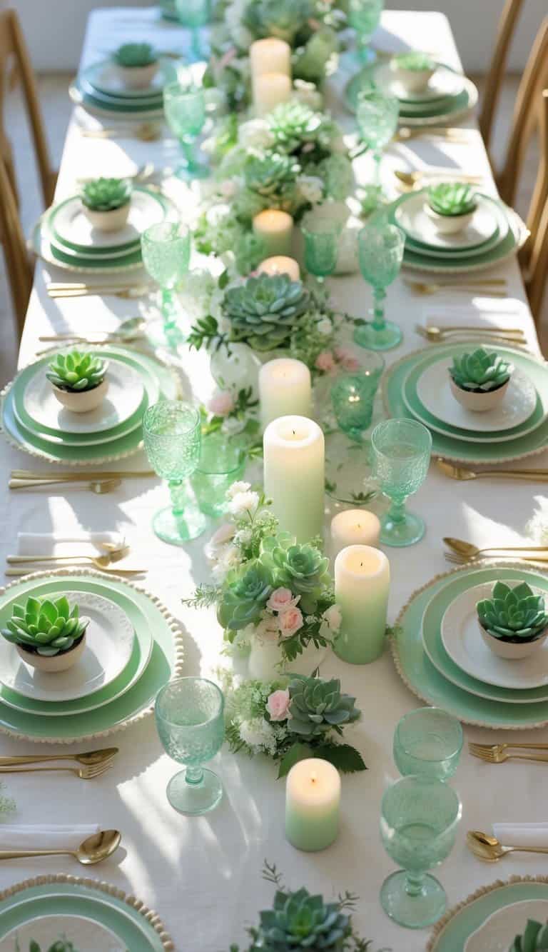 A full dining table set with mint green succulents at each place, dinnerware, candles, and floral centerpieces under natural light.