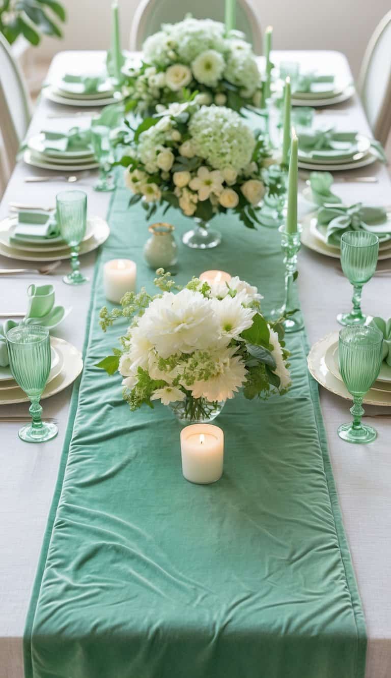 A dining table set with a mint green velvet runner, dinnerware, floral centerpieces, and candles under natural light.