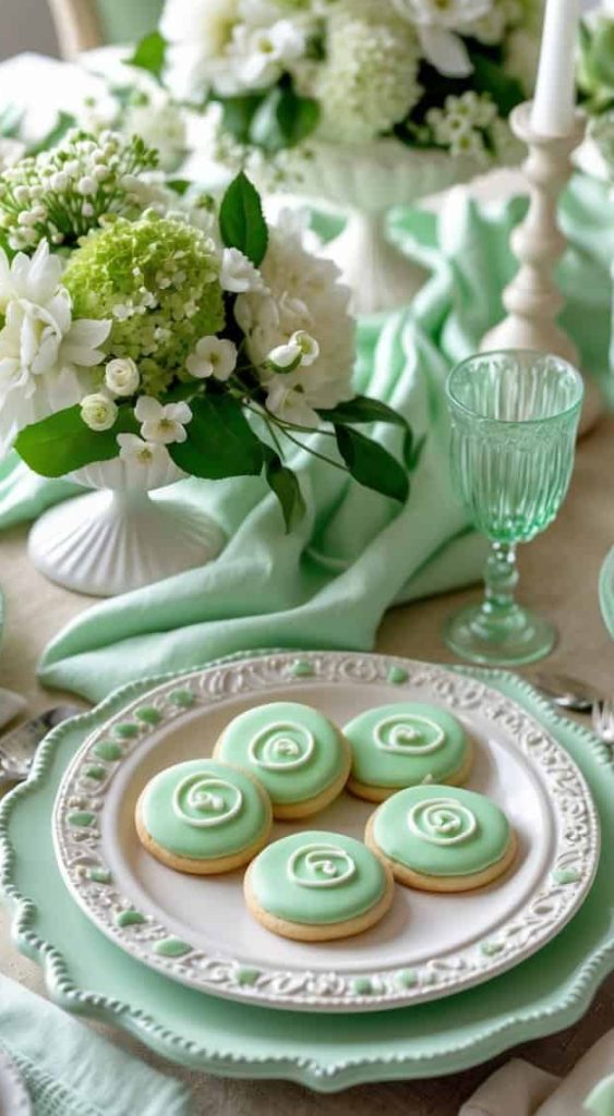 A table set with mint green and white dishes, green swirl cookies on a plate, green glassware, white candles, and floral centerpieces with white flowers and greenery.