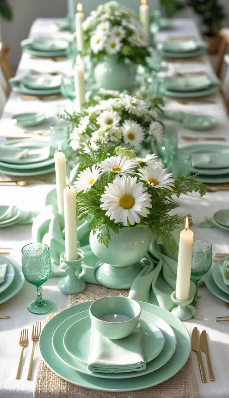 A dining table set with mint green and white dinnerware, white daisy floral centerpieces, and candles under soft natural light.