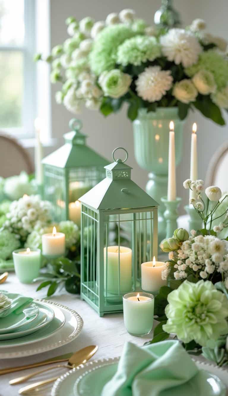 A dining table set with mint green lantern candle holders, dinnerware, flowers, and candles arranged in a balanced and inviting display.
