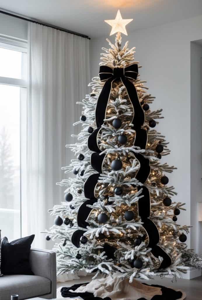 A tall flocked Christmas tree decorated with large black ribbons, black ornaments, and a lit star topper, standing in a modern living room with white walls and curtains.