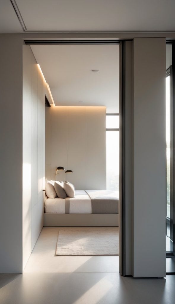 Minimalist bedroom with a neatly made bed, built-in wardrobes, soft natural light, and a neutral color palette, viewed through a sliding door.