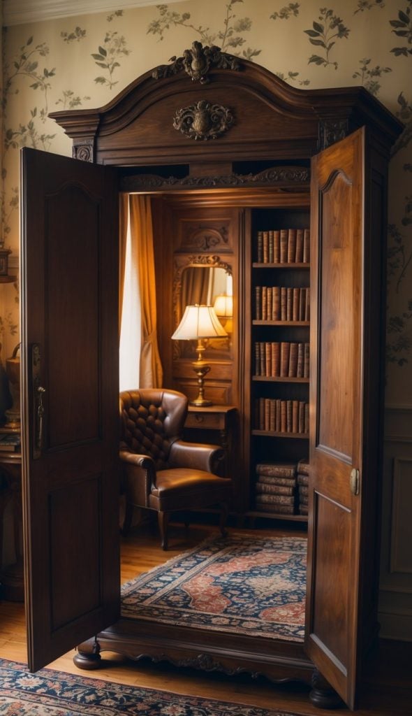 An ornate wooden wardrobe with its doors open revealing a hidden library room with shelves of books, an armchair, a lamp, and a patterned rug.
