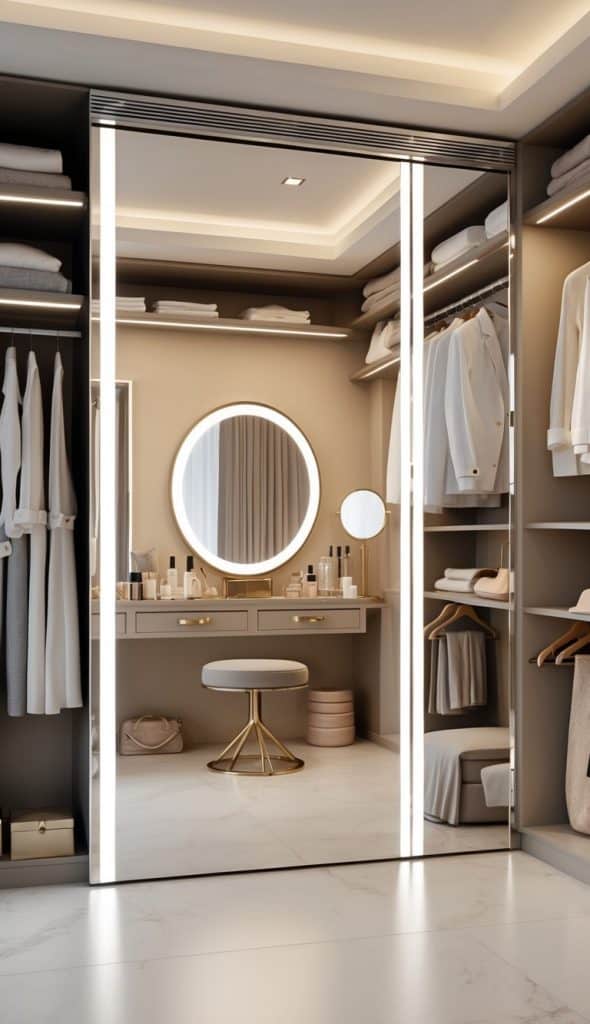 A modern walk-in closet with neatly arranged clothes, shelves, and a vanity area featuring a round mirror, stool, and illuminated lighting.