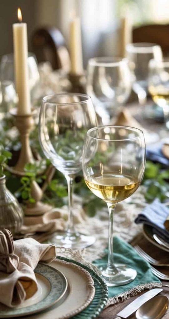 A close-up of a rustic dining table set with plates, cutlery, wine glasses with white wine, cloth napkins, and candles, decorated with greenery.