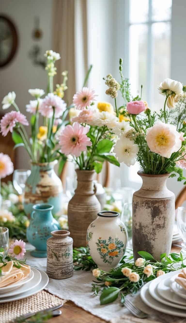 A dining table decorated with various vintage vases filled with fresh flowers.