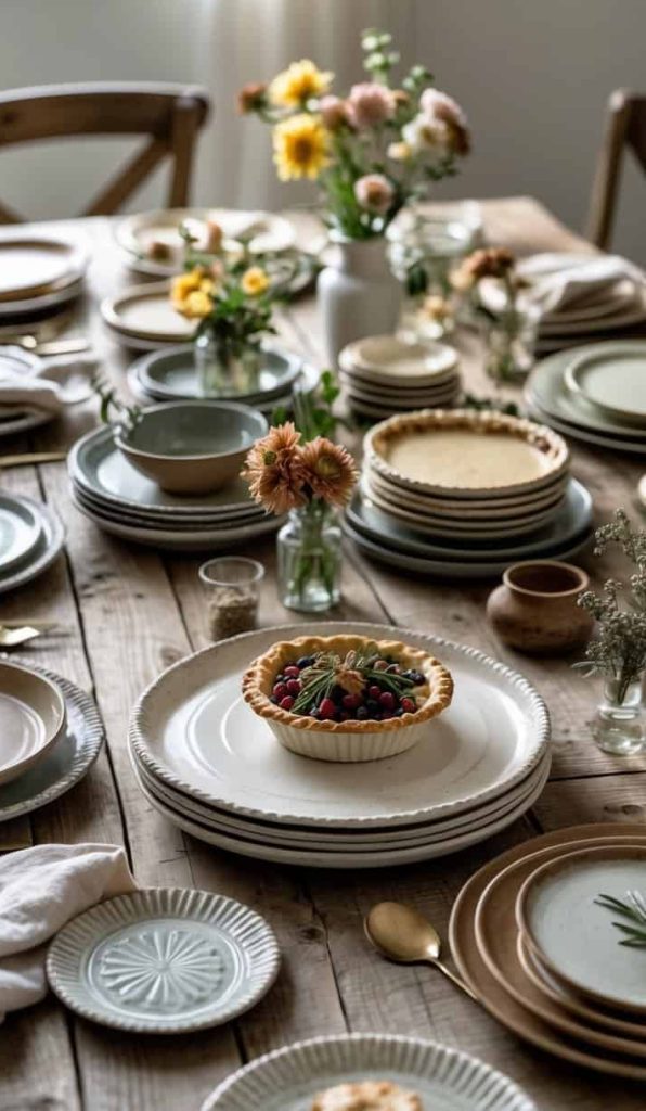A rustic wooden table set with stacked plates, bowls, mini fruit tarts, and small flower arrangements, with sunlight streaming through a window.