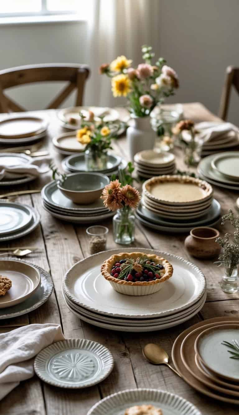 A rustic wooden table set with numerous ceramic pie plates, fresh flowers, and simple tableware arranged for a gathering.