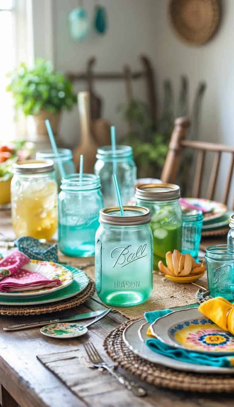 A dining table set with mason jars used as drinking glasses among vintage tableware and colorful napkins.