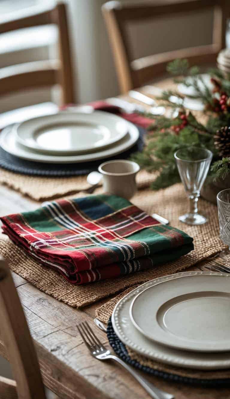 A dining table set with tartan plaid napkins, white plates, silverware, glassware, and a small vase with greenery.