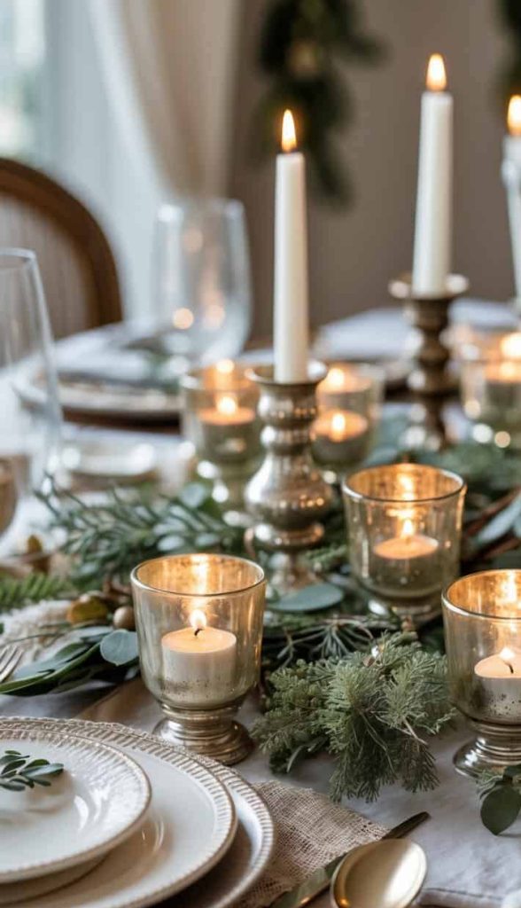 A dining table set with white plates, silver cutlery, and glassware, decorated with lit candles and greenery in a festive arrangement.