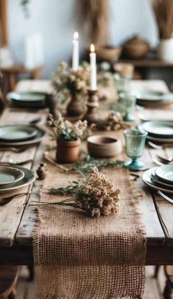 A rustic dining table set with green plates, glassware, candles, and dried flowers on a burlap runner, ready for a meal.