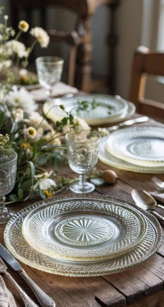 A rustic wooden table set with vintage glass plates, goblets, silver cutlery, and a floral centerpiece with white and yellow flowers.