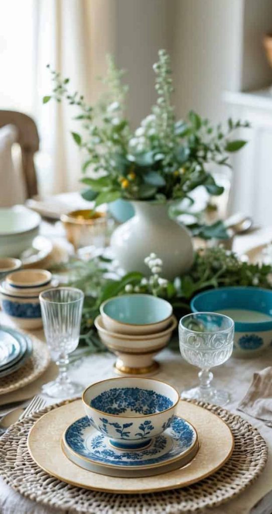 A dining table set with blue and beige dishes, glassware, and silverware, featuring a floral centerpiece in a white vase.