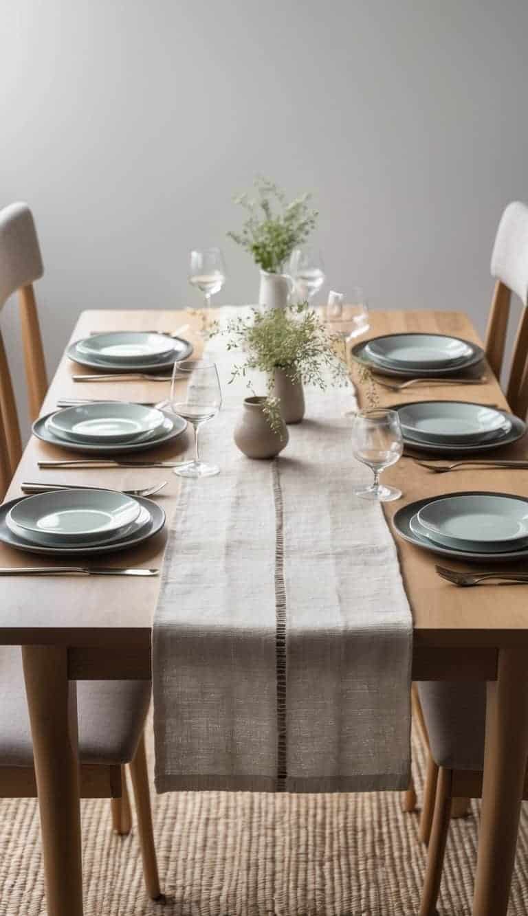 A dining table with a neutral pastel runner down the center, set with plates, cutlery, glasses, and napkins.