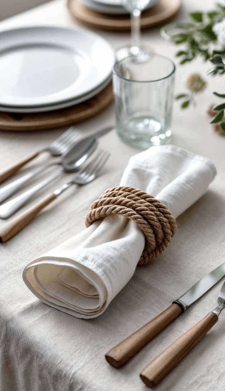 A simple table setting with cloth napkins held by wooden and rope napkin rings on a light wooden table, accompanied by white plates, glassware, and minimal greenery.