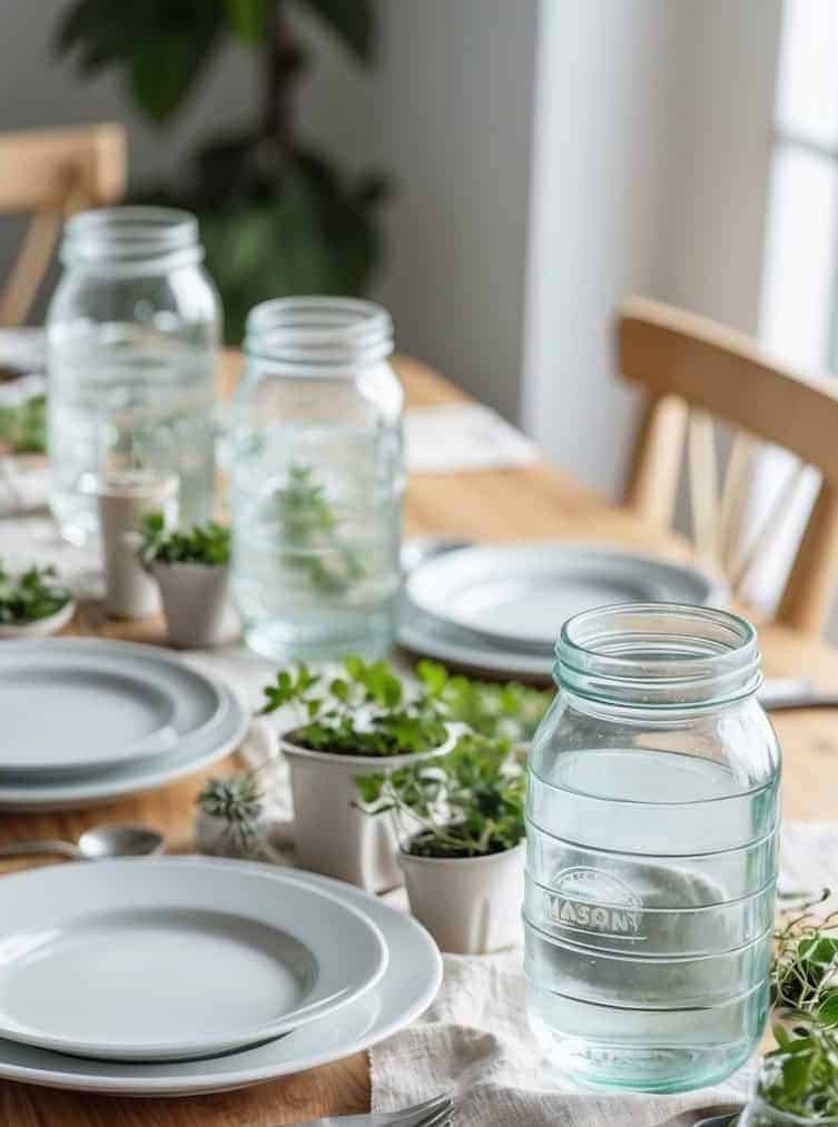 A wooden dining table set with white plates, cutlery, mason jars of water, and small potted plants as decoration on a light table runner.
