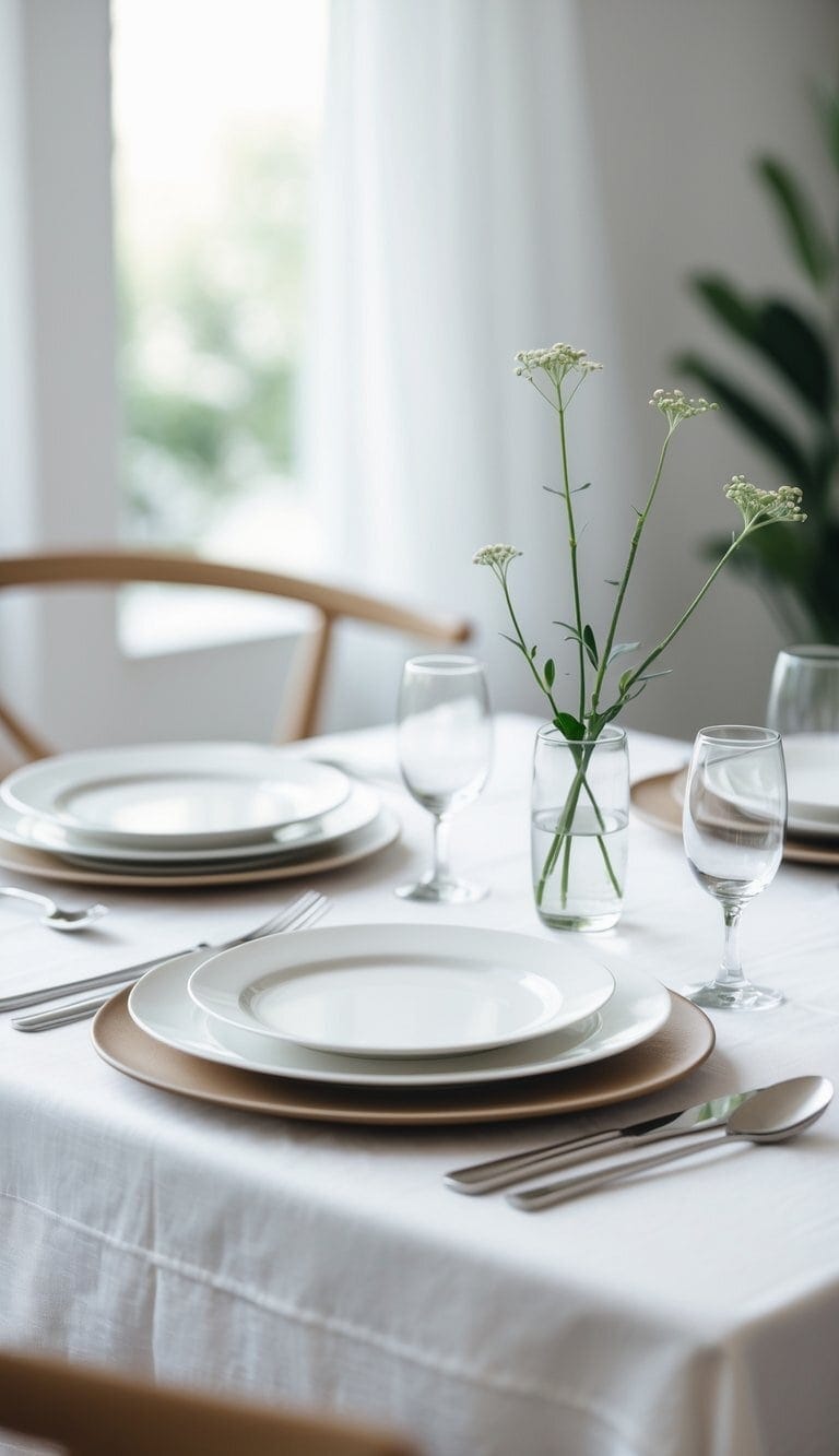 A simple dining table with white plates, clear glasses, silverware, and a small single-stem flower centerpiece on a white tablecloth.