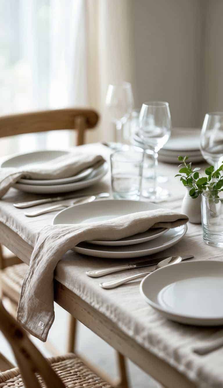 A dining table set with white plates, linen napkins, glassware, and silver cutlery, with a small vase of greenery in the center.