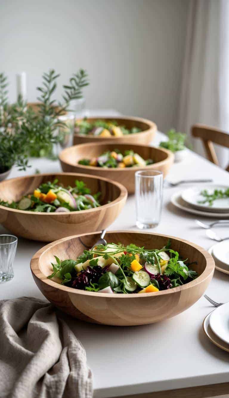 A dining table set with wooden serving bowls filled with salads and side dishes, accompanied by glassware and simple table decor.