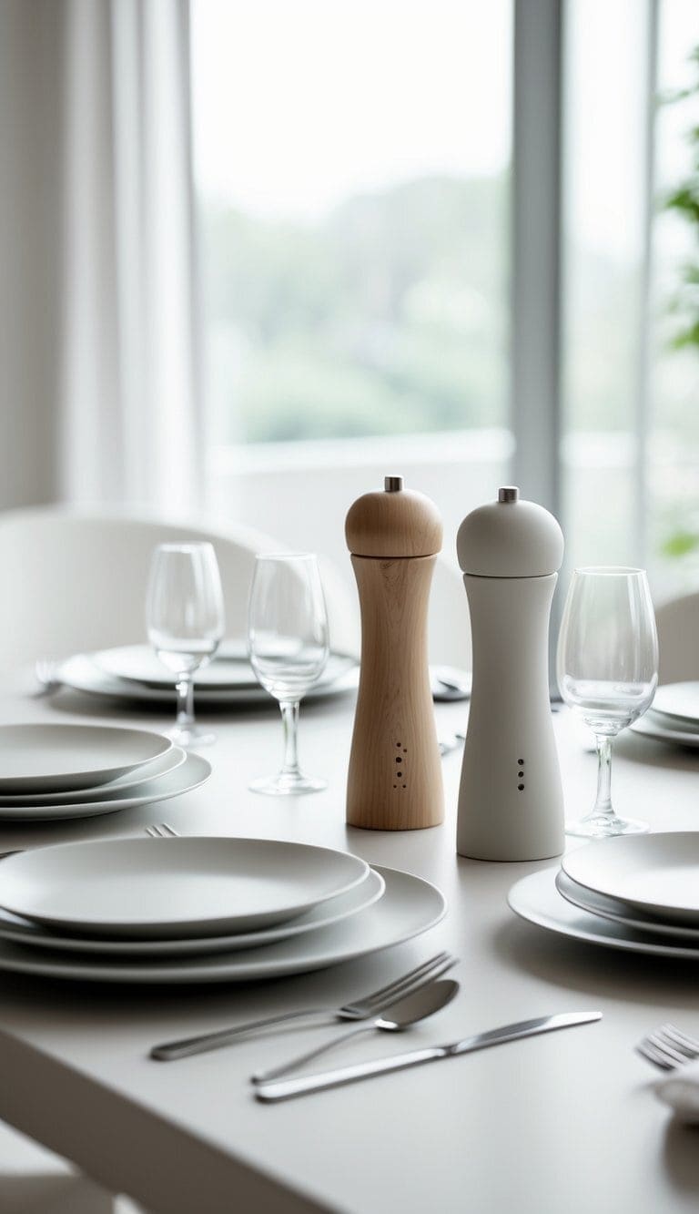 A dining table with simple white plates, clear glasses, cutlery, and minimalist salt and pepper grinders arranged neatly.