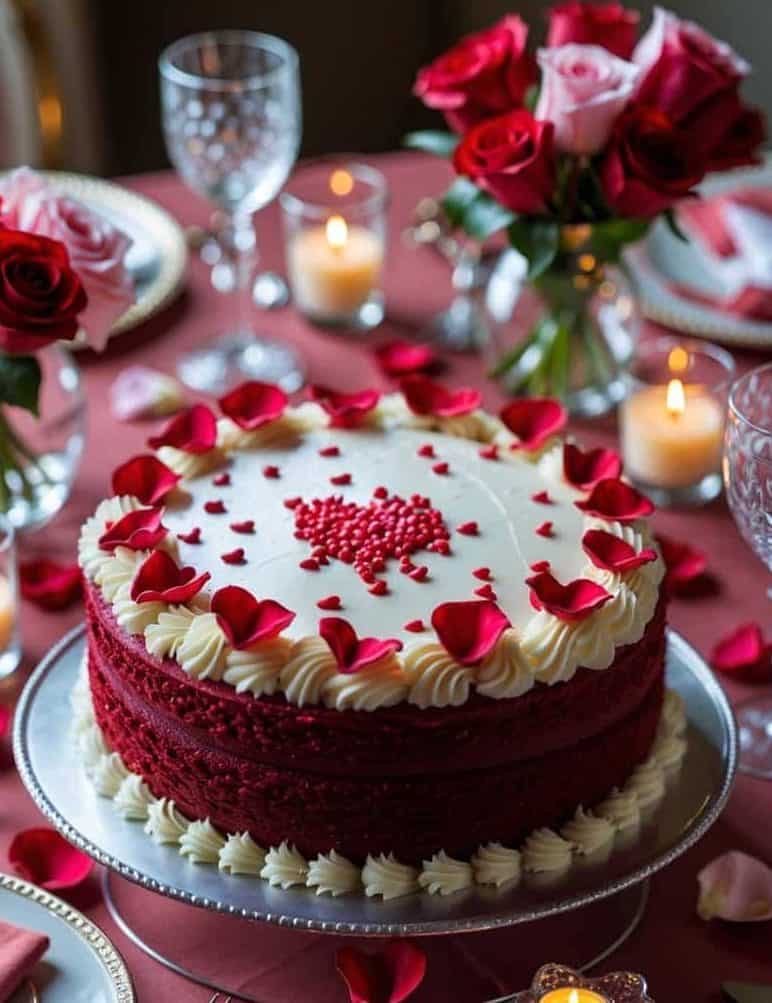 A red velvet cake with white icing, decorated with red rose petals and heart-shaped sprinkles, sits on a set table with candles, flowers, and elegant dinnerware.