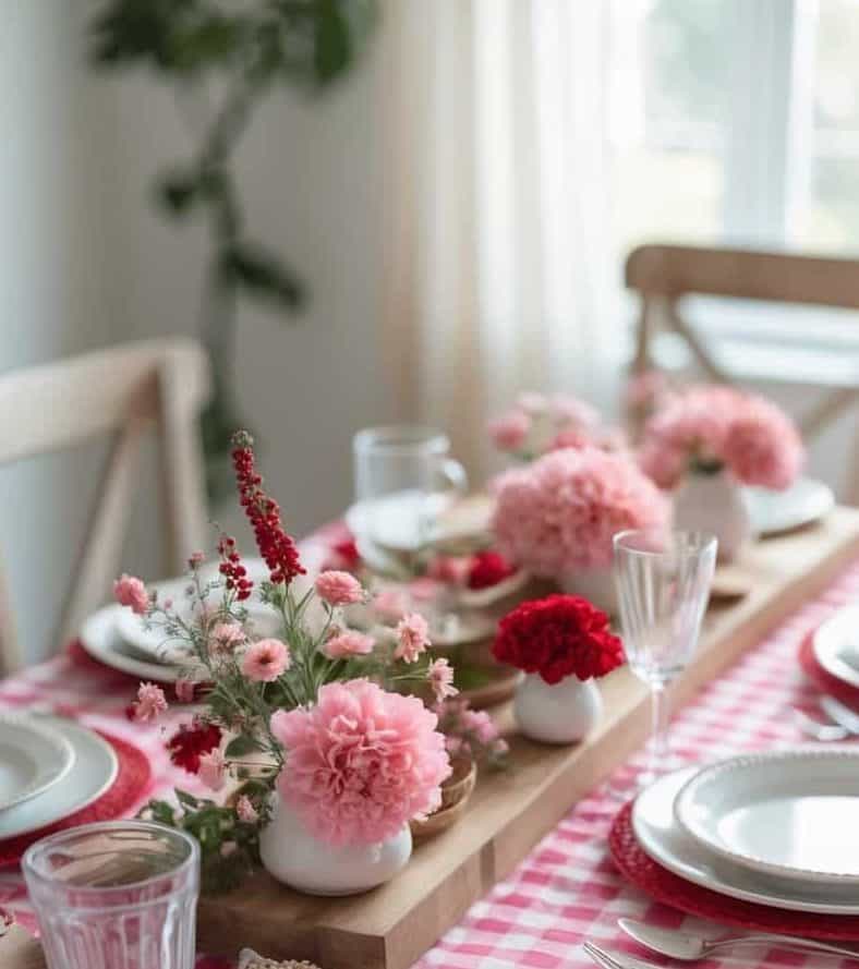 A dining table set with white plates, glasses, and cutlery on a red checkered tablecloth, decorated with pink and red flowers in vases as a centerpiece.