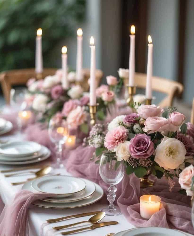 A formal dining table is set with gold cutlery, white plates, glassware, floral centerpieces, pink candles, and a mauve table runner.