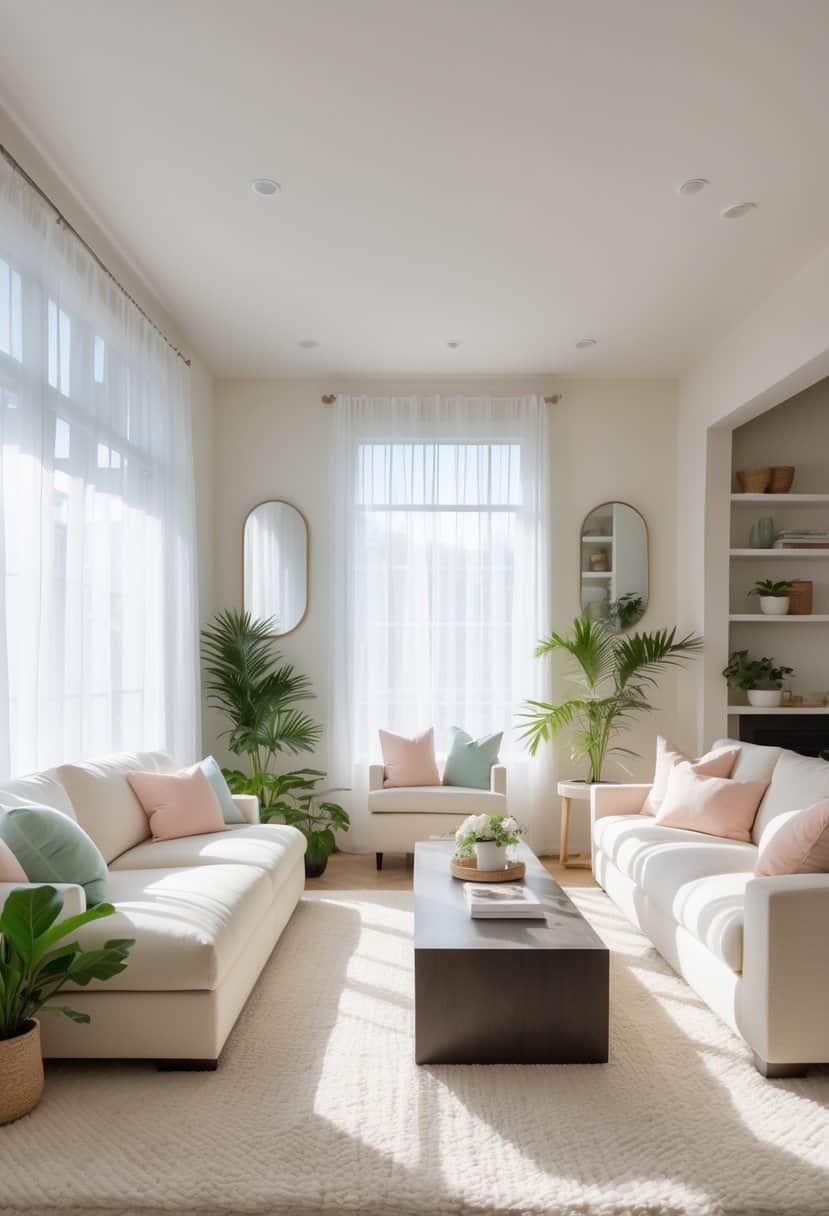 A living room with large windows, light-colored furniture, mirrors, and plants, filled with natural sunlight.