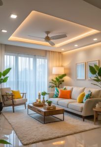 A modern living room with a white sofa, colorful cushions, coffee table, armchair, floor lamp, indoor plants, and large window with sheer curtains. Warm lighting brightens the space.