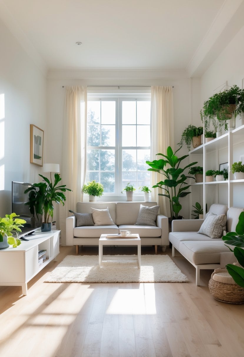 A bright living room with minimal furniture, large window, light walls, and plants, arranged to maximize natural light and openness.