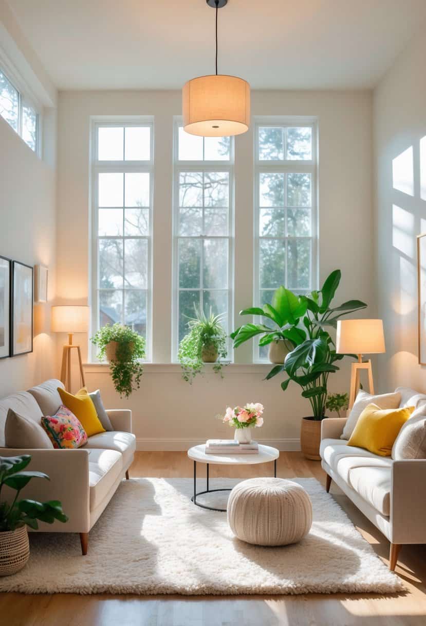 A bright living room with sunlight coming through large windows, cozy sofas, plants, and warm lighting creating a welcoming atmosphere.